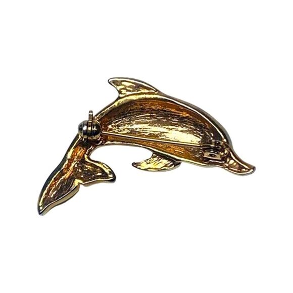 Vintage Shimmering Crystal Rhinestone Bling Dolphin Fish Gold Tone Brooch Pin - Picture 4 of 5